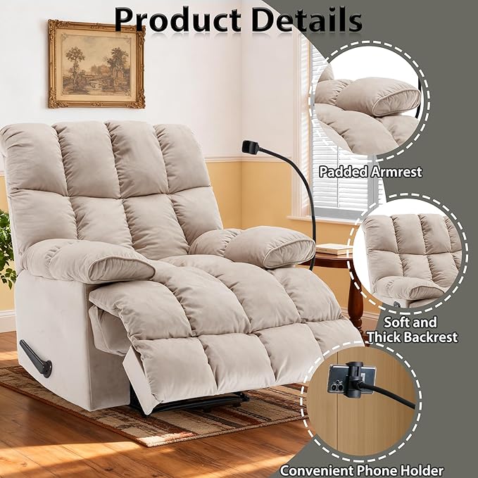 Oversized Recliner Chair with Phone Holder Manual Velvet Big Man Recliners Supports Up to 400 LBS Extra Wide Recliner Chairs for Bedroom Living Room and Home Theater Beige