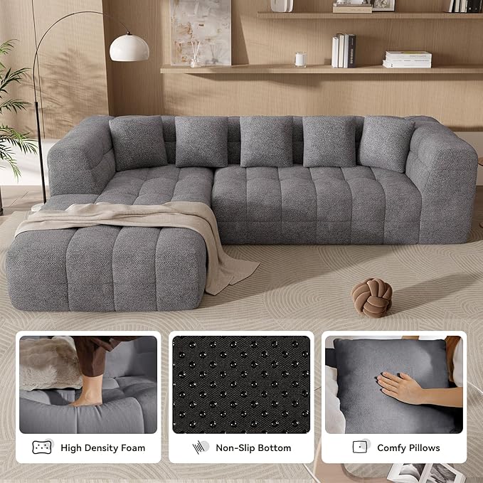 107 Boneless Couch with L - Shaped Chaise Modern Chenille Modular Sectional Sofa with Tufted Design Comfy Upholstered Sofa No - Assembly Sectional Couch Dark Grey