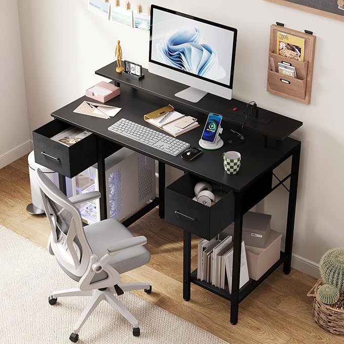 Black Computer Desk with Drawers 42 Inch Home Office Desk Study Writing Table Gaming Desk with USB Power Outlets Office Desk with Fabric Drawer Work Table with Shelf for Bedroom Black