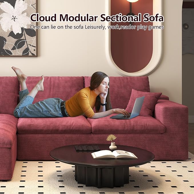107'' L-Shaped Modern Modular Sectional Cloud Couch 4-Seat Chenille Deep-Seat Sofa with Pillow for Living Room Bedroom Apartment Wine Red