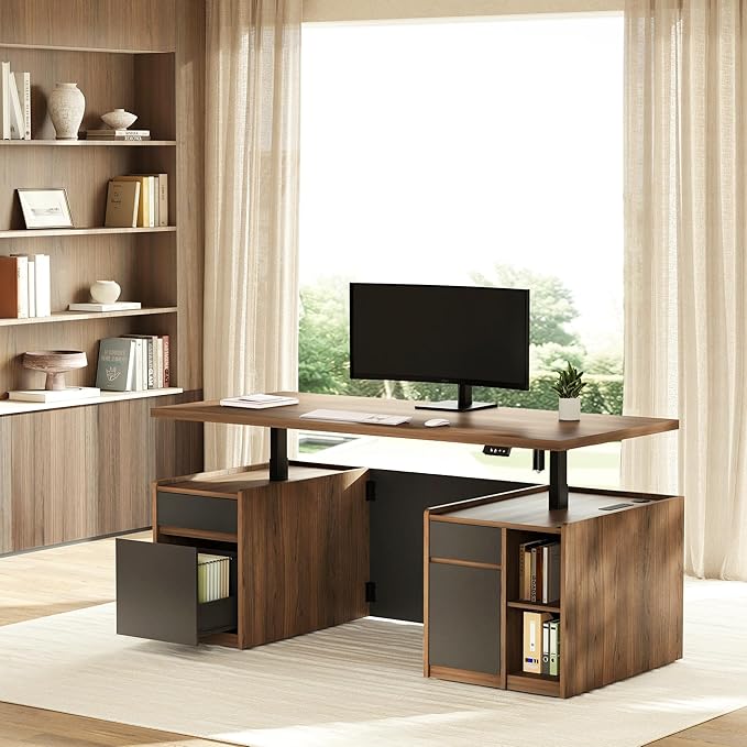 Executive Standing Desk with Drawers &amp Storage 70.8'' Adjustable Electric Stand Up Wood Desk with Privacy Panel AC/USB File Cabinet Large One-Piece Desktop for Home Office Black Walnut