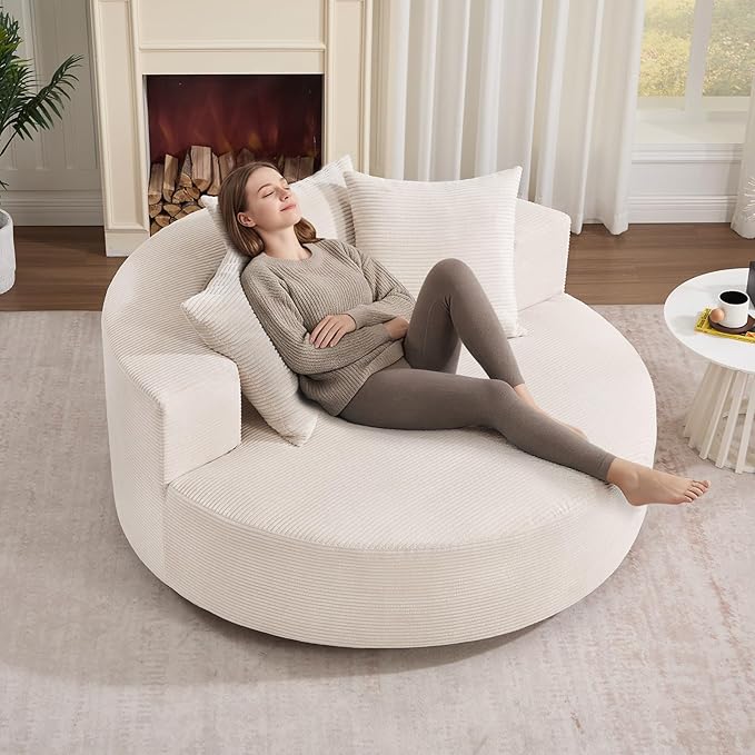 CANMOV Oversized Round Swivel Chaise Longue Chair Indoor Upholstered Corduroy Deep Seat Cloud Large Circle Sofa Chair Modern Single Cloud Sofa Bed for Living Room Bedroom Apartment Office Beige