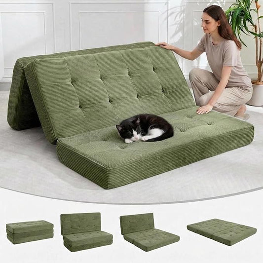 Folding Mattress 6 Inch Thickness Tufted Folding Mattress with Corduroy Portable Twin Size Floor Guest Mat for Adults Full Size Guest Bed Suitable for bedrooms RVs and Camping (Green 39x75)