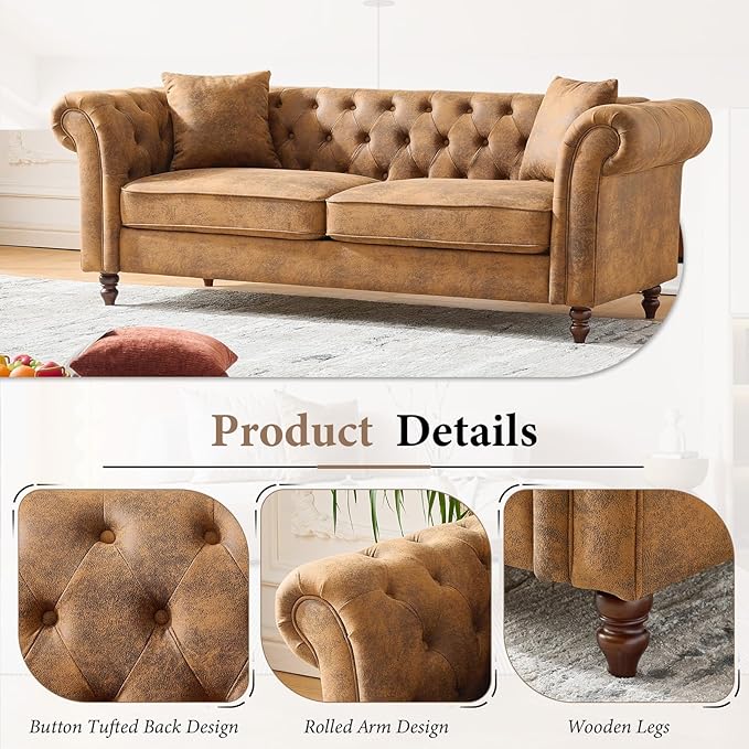 TTK 79 Chesterfield Faux Leather Sofa Couch Upholstered Tufted Rolled Arm 3-Seater Couch with 2 Pillows Mid Century Modern Chesterfield Sofa for Living Room Office Apartment Brown | Button Tufte