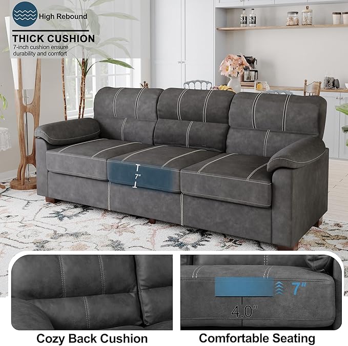 80 Inch Dark Grey Faux Leather Sofa Couch (2 Sets) - Wide Armrests with 2 Pillows Deep Seats Contrast Stitching 3 Seater Leather Couches for Living Room Bedroom Apartment