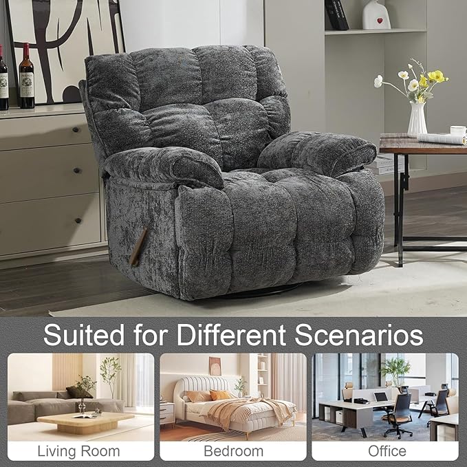 Oversized Rocker Recliner Chair for AdultsOverstuffed 360° Swivel Rocking Recliner Extra Wide Breathable Fabric Manual Reclining Single Sofa for Living Room (Gray)