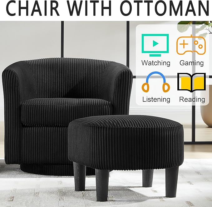 Corduroy Swivel Accent Chair with Ottoman Round Barrel Chair with Armrest Comfy Reading Chair for Living Room Bedroom Office (Black)