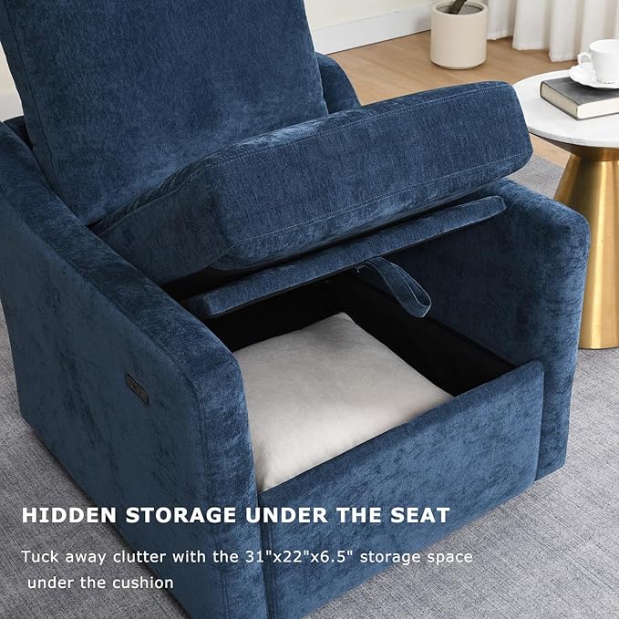 30 Oversized Swivel Barrel Chair – Chenille UpholsteredComfy Reading Arm Chair with USB Charging &amp Under-Seat Storage360° Rotating Accent Chair for NurseryLiving Room &amp Office (Navy Blue)