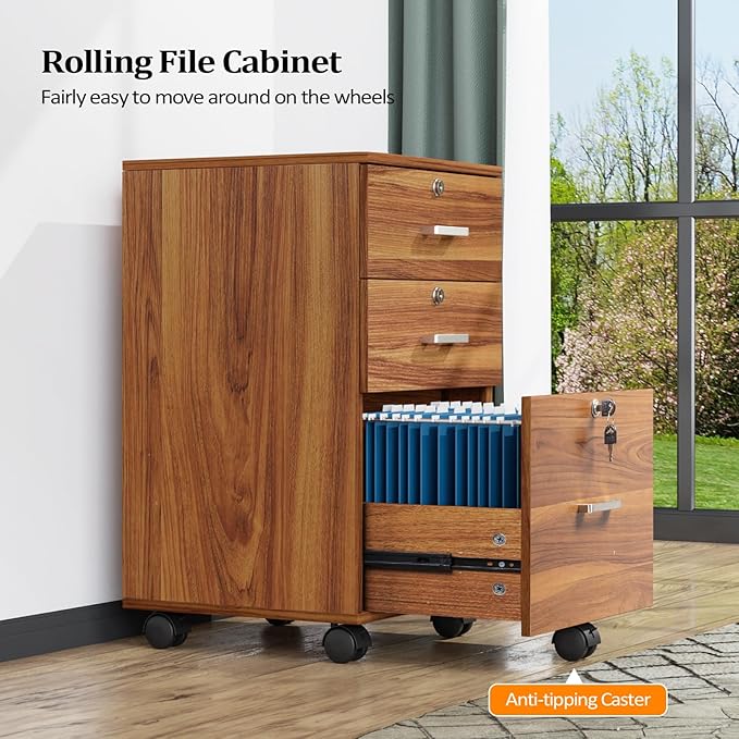 VINGLI 3-Drawer File Cabinet with Lock Wood Rolling Filing Cabinets for Home Office Mobile Printer Stand Under Desk File Organizer for Letter Sized Files 26 H(Caster Included) Walnut