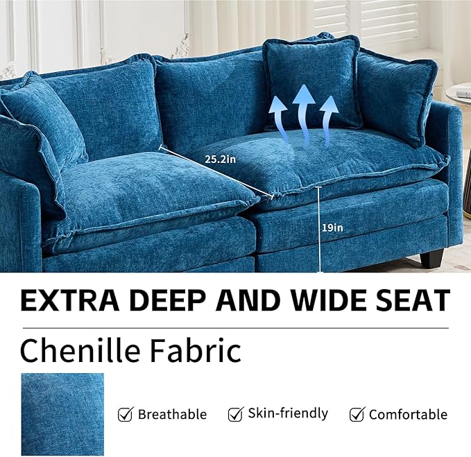 113.78 Modular Cloud Couch Sectional L Shaped Modular Sectional Sofa with Movable Ottoman and Throw Pillows Comfy Chenille Fabric Deep Seat Cloud Sofa Couches for Living Room (Blue3-Seater)