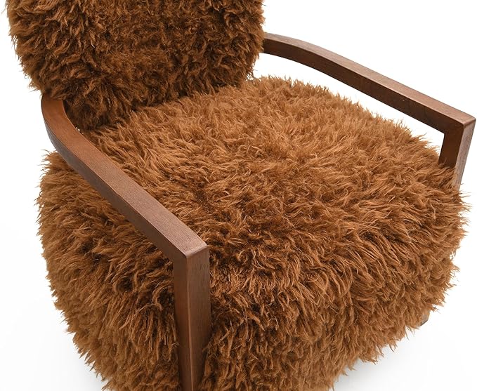 Modern Luxury Reading Chair with Wooden HandrailComfortable Faux Fur Side Chair Accent Chair for ApartmentLiving RoomOfficeStudyCamel+Brown