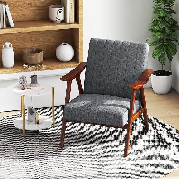 Giantex Mid-Century Modern Accent Chair Upholstered Comfy Living Room Chair with Arms Anti-Slip Felt Pads Wooden Frame Soft Padded Armchair for Living Room Bedroom Office Study Light Grey