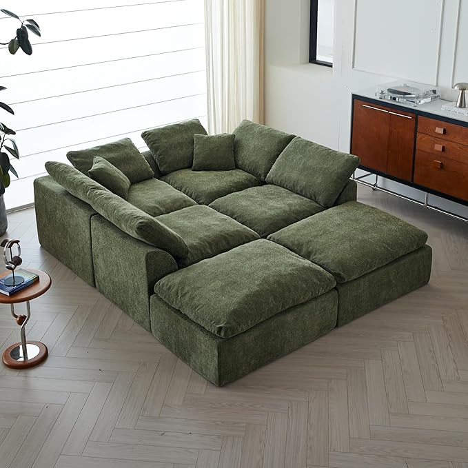 138 Cloud Sectional Couches for Living Room Convertible U-Shape Boneless Couch with Ottoman 6-Seater Compressed Sofa Modular Sectional Sofa (6-Seater Green)