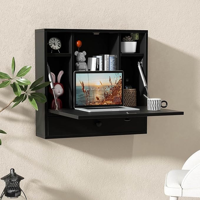 Wall Mounted Desk Floating Laptop Computer Desk Folding Wall Table with Storage Drawer and Shelves Space Saving Hanging Drop Leaf Table for Small Spaces (Black)