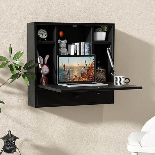 Wall Mounted Desk Floating Laptop Computer Desk Folding Wall Table with Storage Drawer and Shelves Space Saving Hanging Drop Leaf Table for Small Spaces (Black)