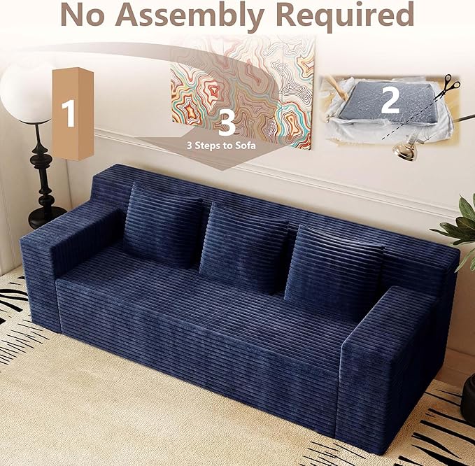 Boneless Couches for Living Room 71 Modern 3 Seater Sofa with Deep Seat Comfy Cloud Couch Sofa with Corduroy Fabric Memory Foam Floor Sofa with ArmrestsNo Assembly Required (Blue) | Deep Seat Co