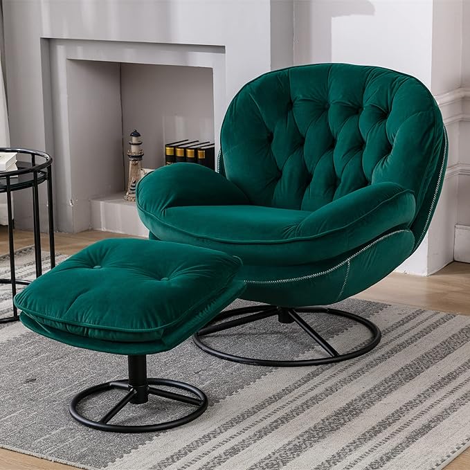 JINS&ampVICO Velvet Swivel Accent Chair with Ottoman Set Modern Upholstered Lounge Chair Lazy Sofa with Footrest Comfy Armchair with Metal Base Frame for Living Room Bedroom Home Office Green