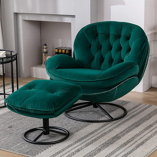 JINS&ampVICO Velvet Swivel Accent Chair with Ottoman Set Modern Upholstered Lounge Chair Lazy Sofa with Footrest Comfy Armchair with Metal Base Frame for Living Room Bedroom Home Office Green