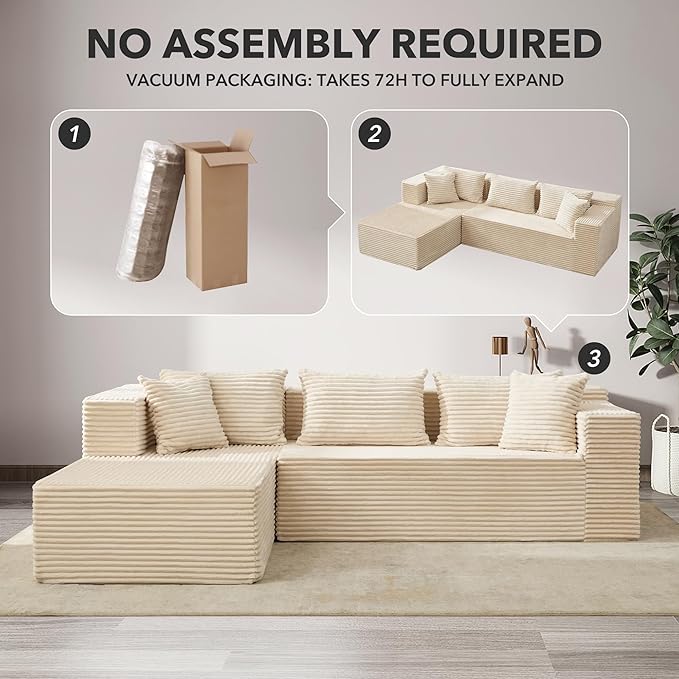 106 Modular Sectional Sofa Cloud Sectional Couch with Deep SeatSoft Corduroy FabricBoneless Couch Sectionals with Left Facing Chaise SofaBeige