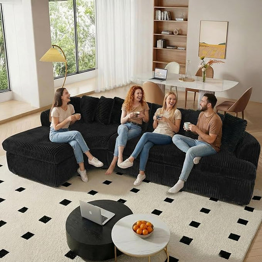 129'' Cloud Sectional Couches for Living Room Oversized L Shaped Couch Curved Boneless Sofa Corduroy Upholstered Corner Sofa Black