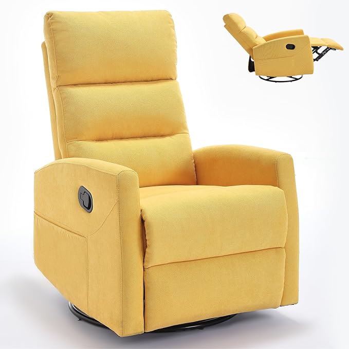 360° Swivel Rocking Chair for Nursery Manual Glider Chair Nursing Chair with Side Pockets Polyester Glider for Living Room Heavy Duty Motion Mechanism Yellow