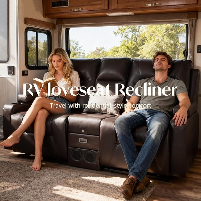 Houjud Manual Reclining Loveseat Sofa with Console PU Leather Recliner Sofa RV Couch with Bluetooth Speakers USB Charging AC Outlets and Pillow for Home Theater Dark Brown