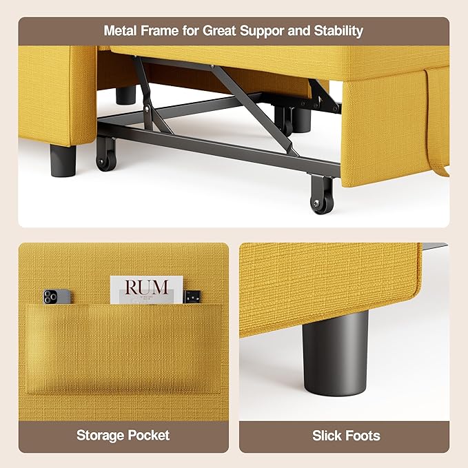Ahomly Convertible Sleeper Chair Sofa Bed with 3-in-1 Design Adjustable Backrest and Storage Pocket for Living Room Yellow