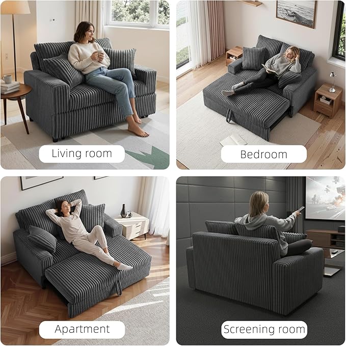 3 in 1 Convertible Sofa Bed52.8 Pull Out Couch with 2 Pillows and Side PocketsModern Corduroy Fabric Sleeper Loveseat with Adjustable Backrest for Living Room Bedroom Apartment (Gray Corduroy)