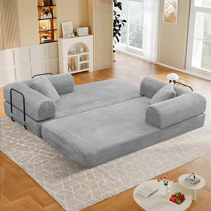 78 Convertible Sleeper Sofa Bed with Cylindrical Pillow Corduroy Folding Mattress Couch with Fixed Frame Floor Sofa Lounge Couch for Living Room Bedroom Apartment Light Grey