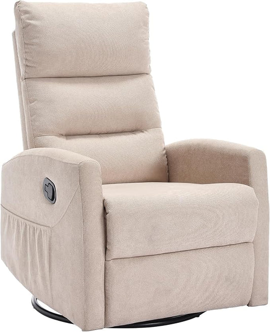 PELUMY Manual Recliner Chair 360° Swivel Glider and Rocker Recliner with 155° Recline Compact Fabric Recliner for Small Space Nursery Living Room Bedroom No Tools Assembly (Beige)