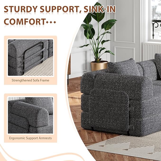 Convertible Sofa Bed 108+72.4+37 Sectional Couch 6-Seater with Storage Pockets Modular Sleeper Couch Chenille Folding Floor Boneless Lounge Sofa for Living Room Guest Room Grey