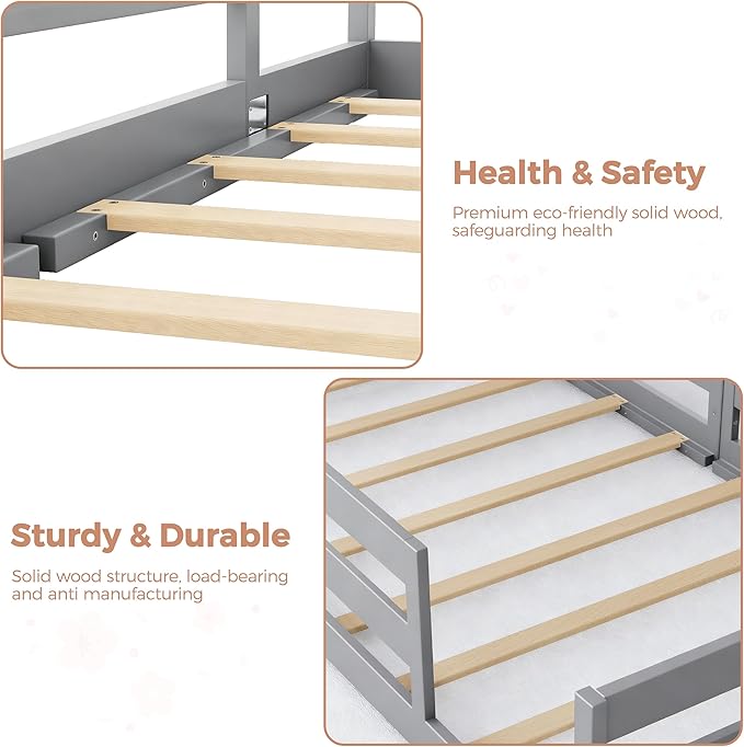 Twin Size Floor Bed for Kids Toddler Floor Bed with Safety Guardrails Solid Wood Montessori Bed Frame