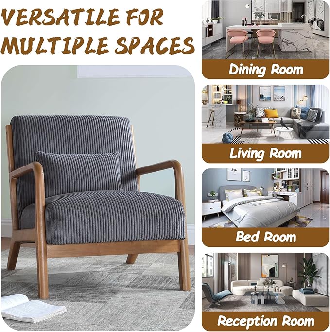 Midcentury Modern ChairWooden Grey Accent Chair with PillowCorduroy Arm Chair for Living RoomBedroomSmall Rooms (Gray)