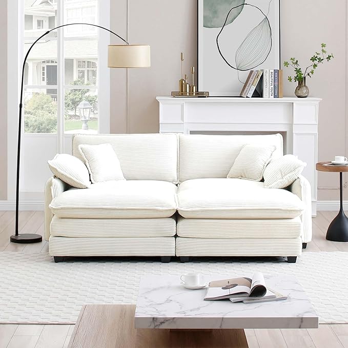 81 Modular Sectional Couch 2 Seat Extra Deep Corduroy Loveseat Sofa with 2 Ottoman Footrest &amp 4 Throw Pillows Modern Upholstered Comfy Couches for Living Room Bedroom Office Apartment Beige