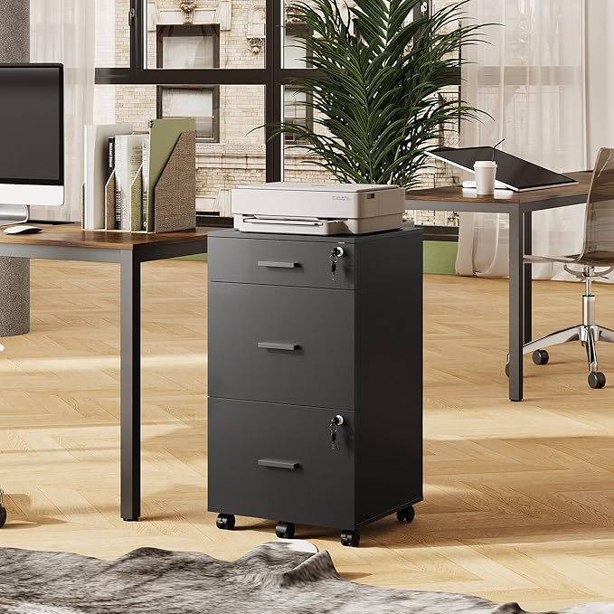 DEVAISE 3 Drawer Rolling File Cabinet with Lock Wood Filing Cabinet fits Letter / A4 Size for Home Office Black