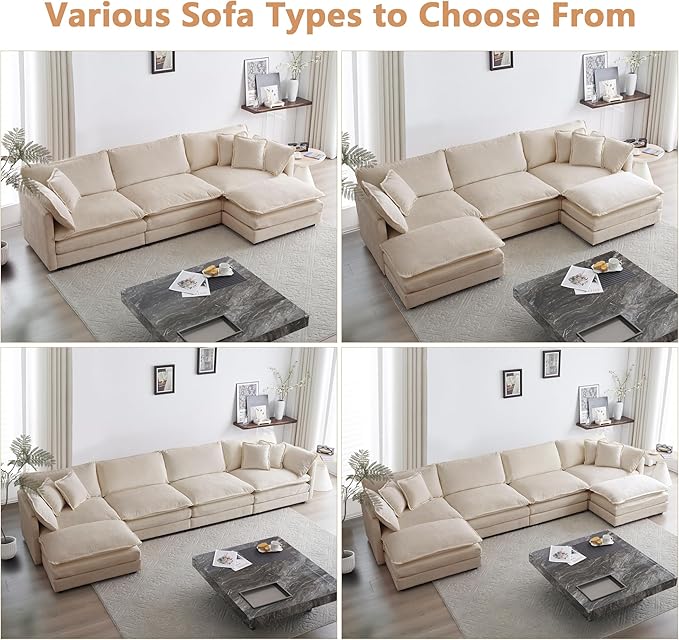 mikibama Modular Sectional Sofa 111.5 Inch L Shaped Couch Set for Living Room 3-Seater Comfy Cloud Couches with Movable Ottoman DIY Combination Chenille Light Coffee