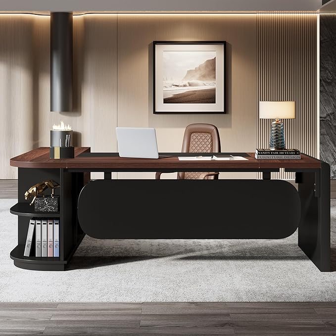 Tribesigns 80'' L-Shaped Desk Large Executive Office Desk with 55'' Drawers Cabinet Modern Computer Table with Storage Shelves Business Furniture for Home Office Walnut &amp Black