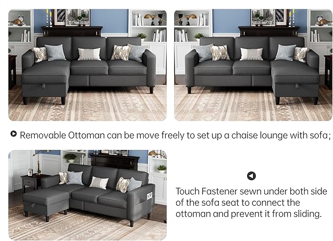 Sectional Couches for Living Room 78 Convertible L Shaped Couch with Removable Storage Ottoman 3 Seater Sofas Modern Linen Dark Grey Sofa for Apartments Studios Dorms Small Spaces