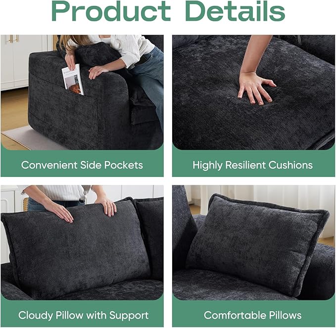 Modular Sectional Sofa80 Loveseat Boneless Couch with Deep SeatUpholstered Cloud Couch with Side PocketsNo Assembly RequiredChenilleBlack