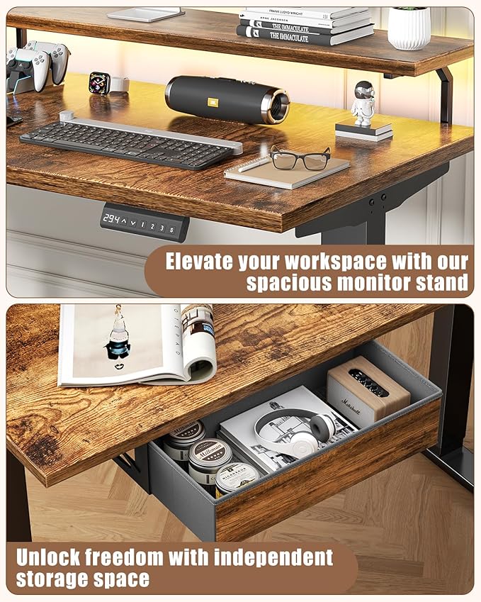 Flycity Electric L Shaped Standing Desk with Monitor Stand 59 Corner Computer Desk with Drawers Gaming Table with LED Lights &amp Power Outlet Home Office Stand Up Adjustable Height Table Brown
