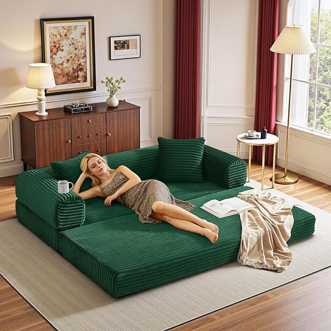 Boneless Couch Versatile Couches for Living Room No-Install Sofa Bed Corduroy Futon Soft Cloud Couch with Pillows for Bedroom Game Movie (Green)