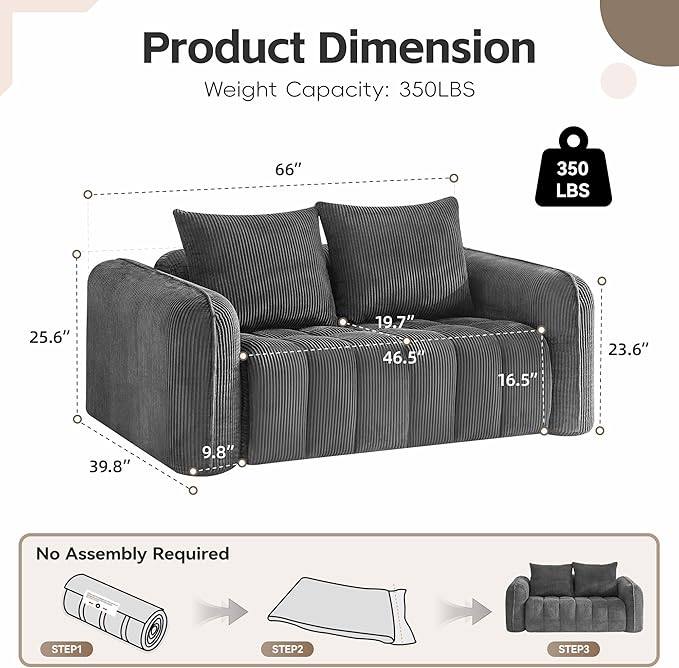 Comfy Loveseat Sofa with 2 Arm Chair Set of 3 Corduroy Sofa for Living Room Boneless Lounge Floor Cloud Couch for Small Spaces for Bedroom Office Apartment Grey