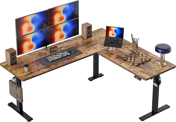 TIQLAB 75 x 61 inch L Shaped Standing Desk Adjustable Height Electric Corner Standing Desk Sit Stand Computer Table with Splice Board Rustic Brown