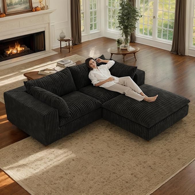 78.8 Corduroy Cloud Loveseat Sofa with Ottoman L Shaped Modular Sectional Couch with Removable Cushion No Assembly Required Deep Seat Boneless Couches for Living Room (Black &amp 1 Ottoman)