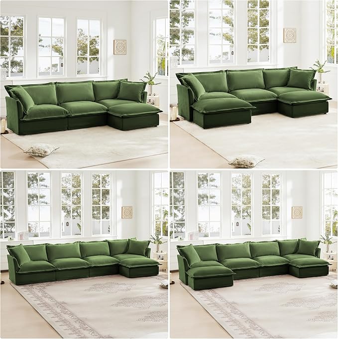 Modern Single Sofa Chair with Ottoman 49 Slipcovered Armchair Oversized Upholstered Accent Chair Comfy Cloud Deep Seat Sofa with 2 Throw Pillows for Living Room Apartment Chenille Green