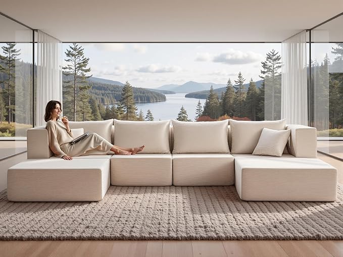 YINIX 140 Modular Sectional Sofa Couches Corduroy Sleeper Deep Seat Sofa Bed Comfy Cloud Couch for Living Room Floor Sofa 6 Piece Free Combination Compression No Assembly Required Beige
