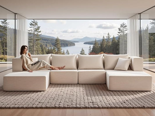 YINIX 140 Modular Sectional Sofa Couches Corduroy Sleeper Deep Seat Sofa Bed Comfy Cloud Couch for Living Room Floor Sofa 6 Piece Free Combination Compression No Assembly Required Beige
