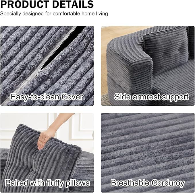 Convertible Boneless Couch 78.3” Full Size Floor Sleeper Couch Full Foam Corduroy Futon Loveseat for Living Room Bedroom No Assembly Required (Dark Grey)