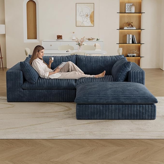 78.7 L Shaped Modular Sectional Sofa Cloud Couch with OttomanPlush Corduroy Couches for ApartmentNo Assembly RequiredBlue