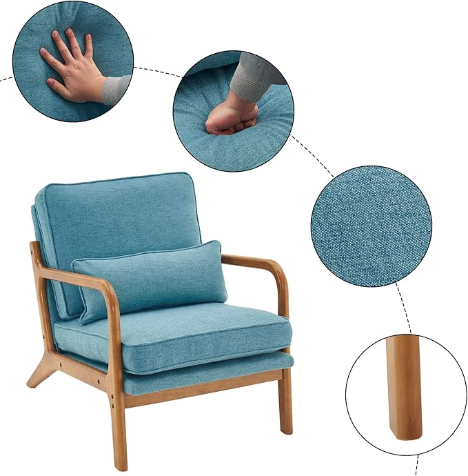 Karl home Accent Chair Mid-Century Modern Chair with Pillow Linen Fabric Upholstered Lounge Arm Chair with Solid Wood Frame &amp Soft Cushion for Living Room Bedroom Balcony Teal